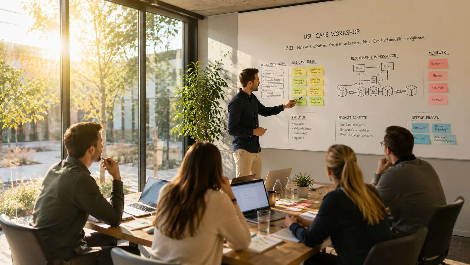 Blockchain Use Case Workshop mit Roadmap und Lösungsskizze am Whiteboard