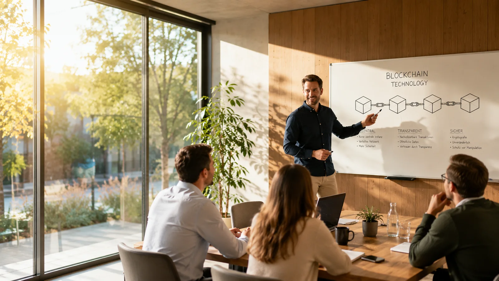 Blockchain-Grundlagenschulung in einer kleinen Gruppe am Whiteboard
